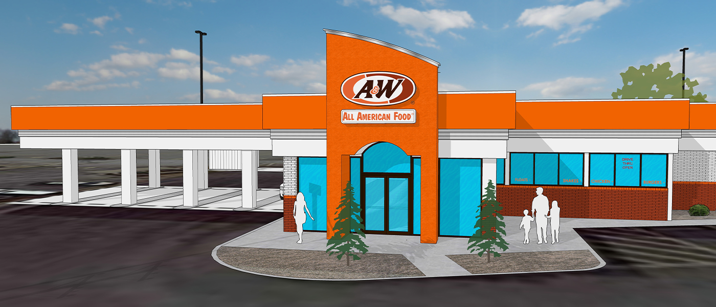 Rendering of A&W Restaurant exterior in Belleville, Illinois.